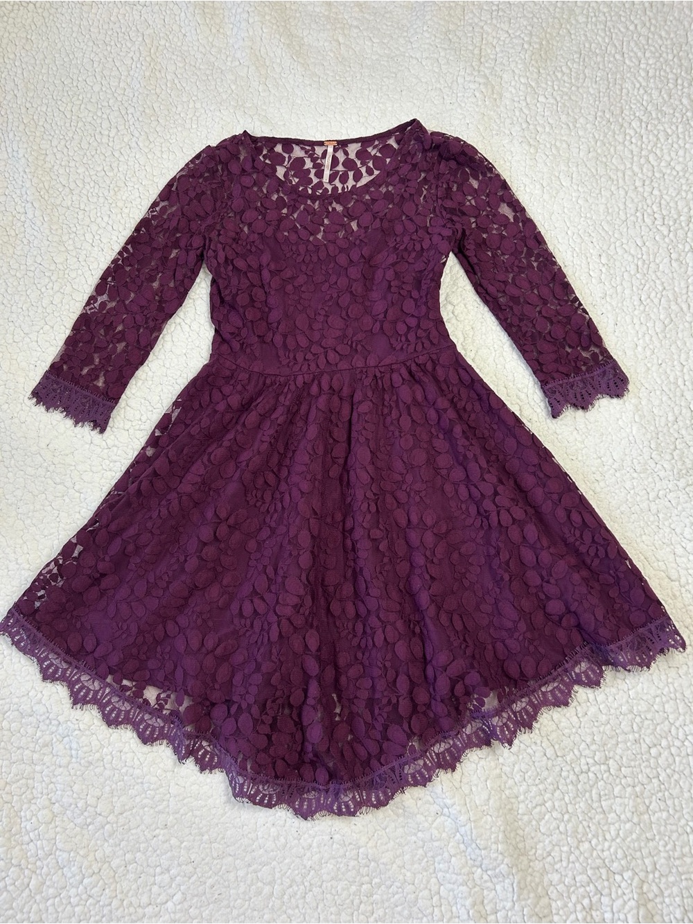 Free People Lace Mini Dress Women's 0 Burgundy A-Line Lined Asymmetric Bottom